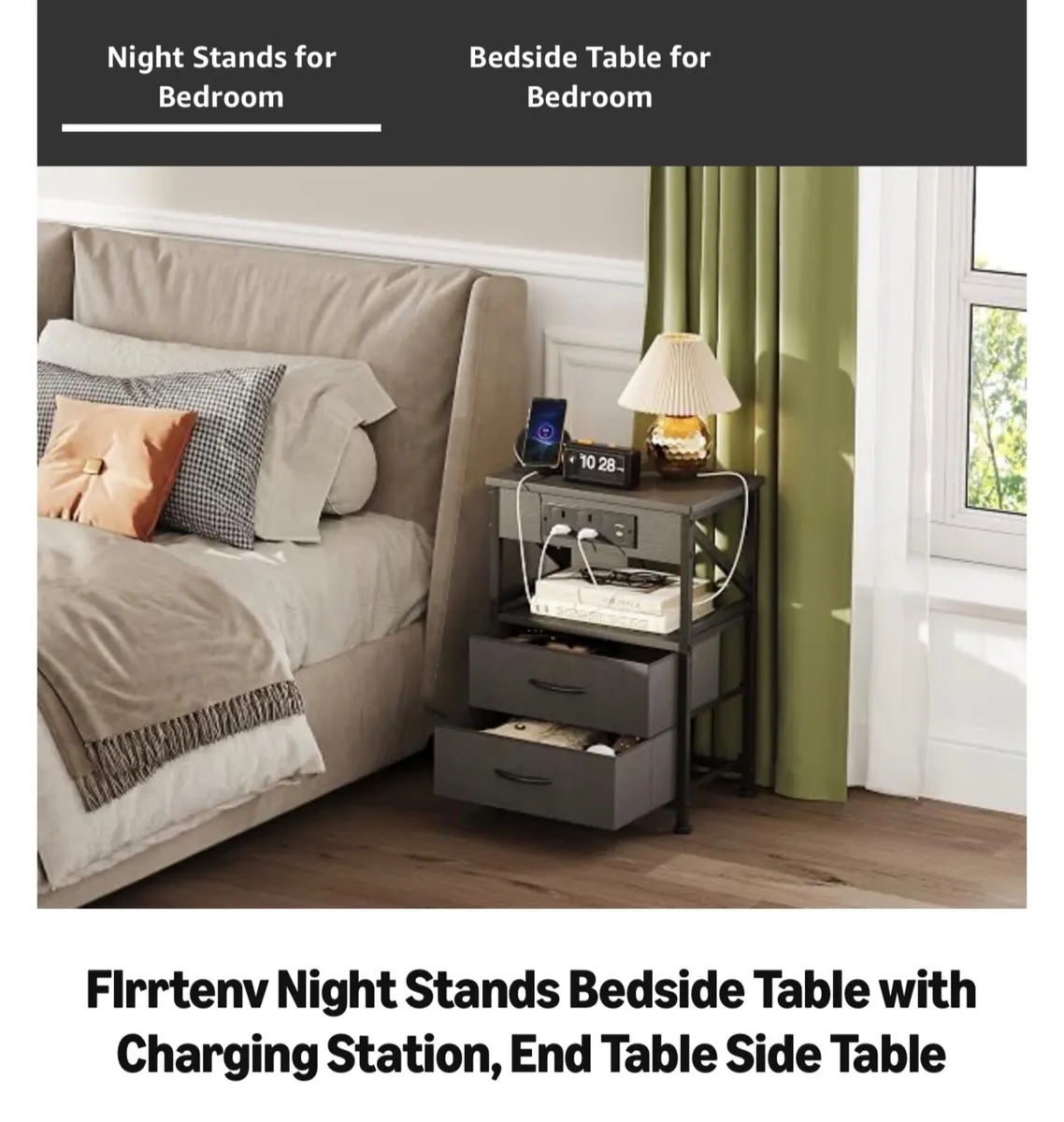 2 PCS Bedside Table with Power Strip, Bedside Cabi - Image 3