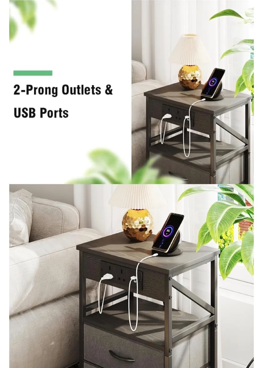 2 PCS Bedside Table with Power Strip, Bedside Cabi - Image 2