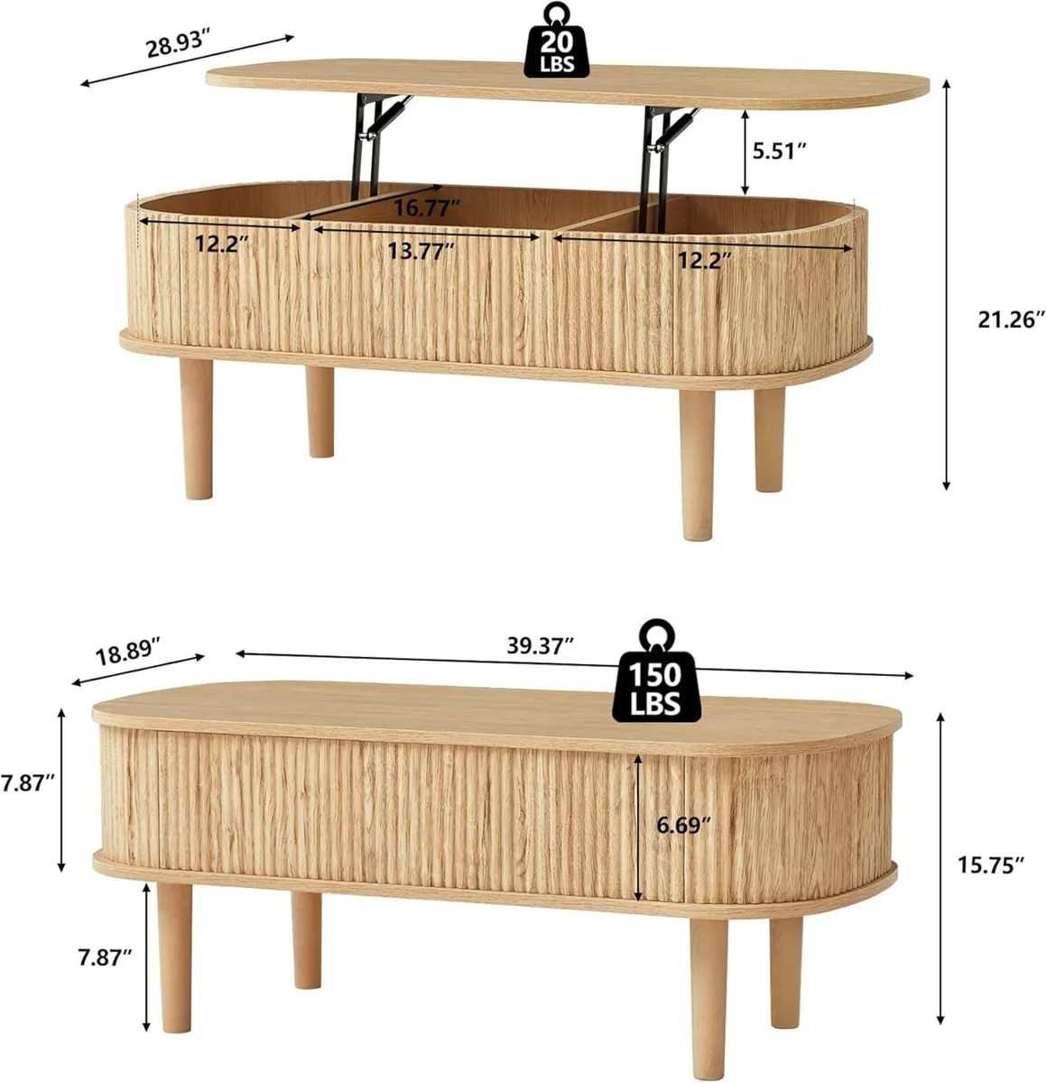 Fully Assembled Fluted Lift Top Coffee Table - Image 2