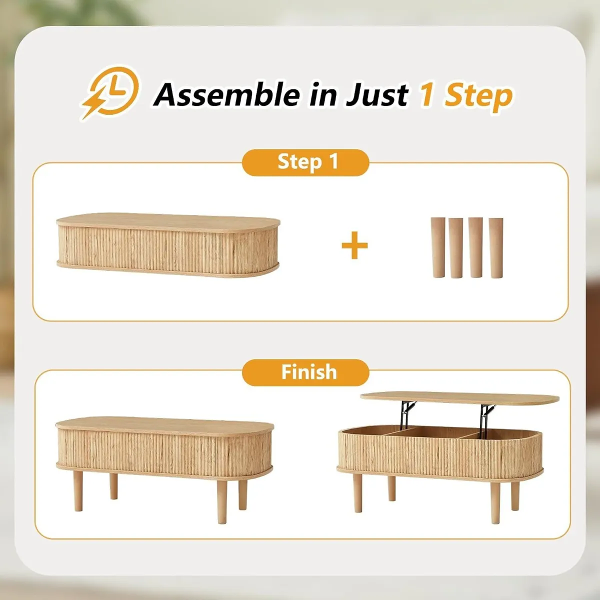 Fully Assembled Fluted Lift Top Coffee Table - Image 3