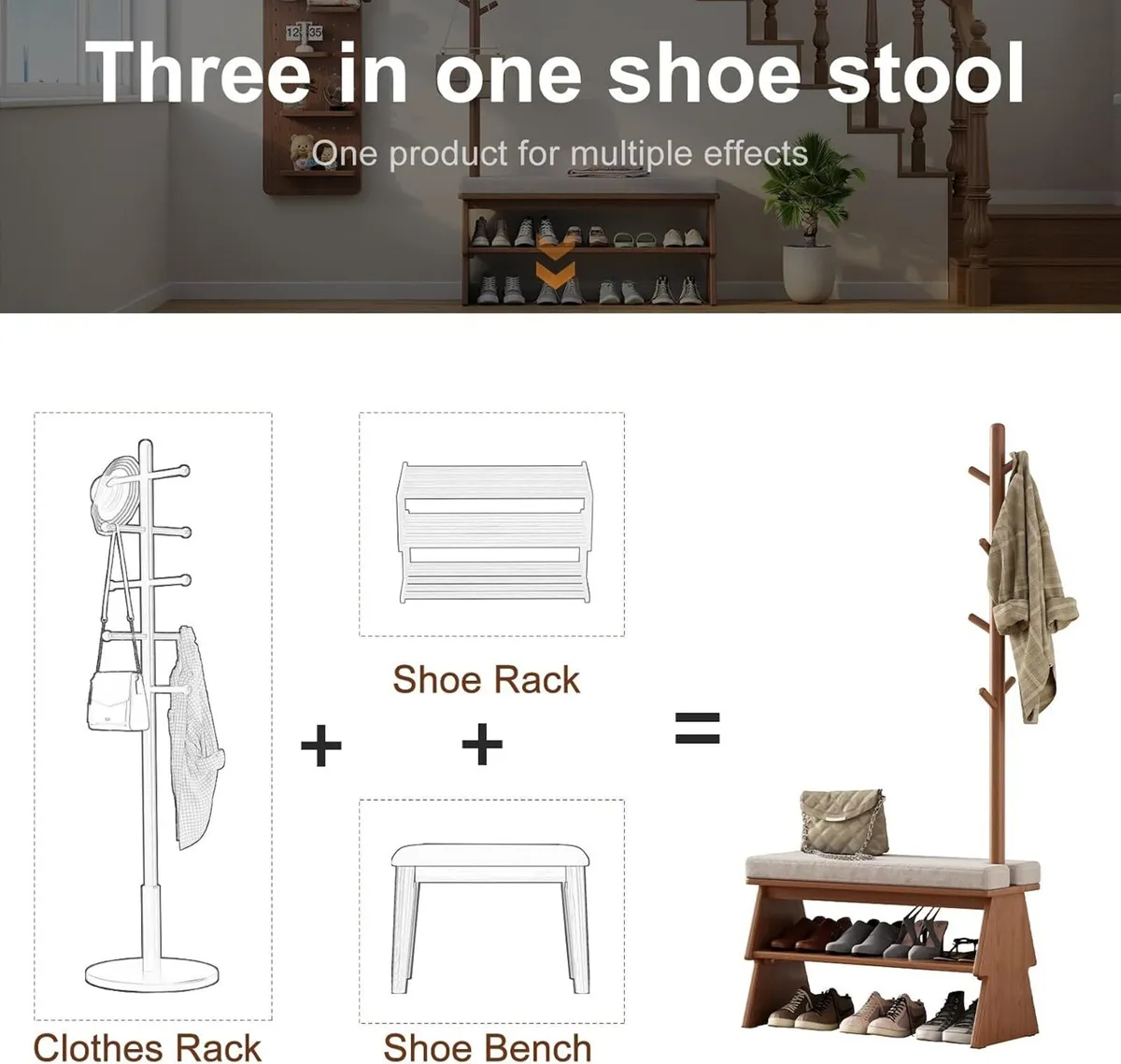 Solid Wood Coat Rack with Shoe Storage Bench - Image 4