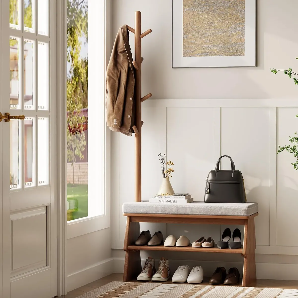 Solid Wood Coat Rack with Shoe Storage Bench - Image 1