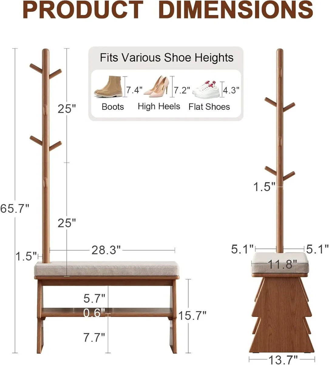 Solid Wood Coat Rack with Shoe Storage Bench - Image 2