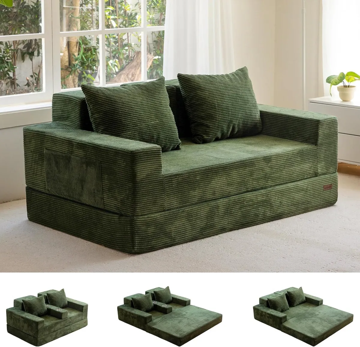 Folding Sofa Bed Corduroy Floor Couch with Cup - Image 1