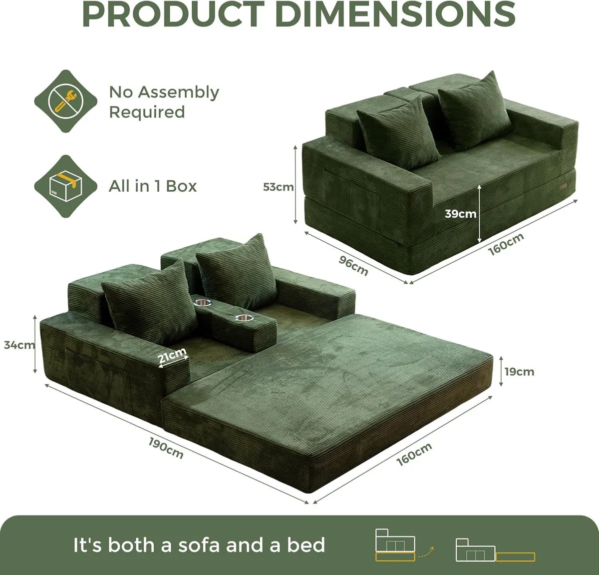 Folding Sofa Bed Corduroy Floor Couch with Cup - Image 2