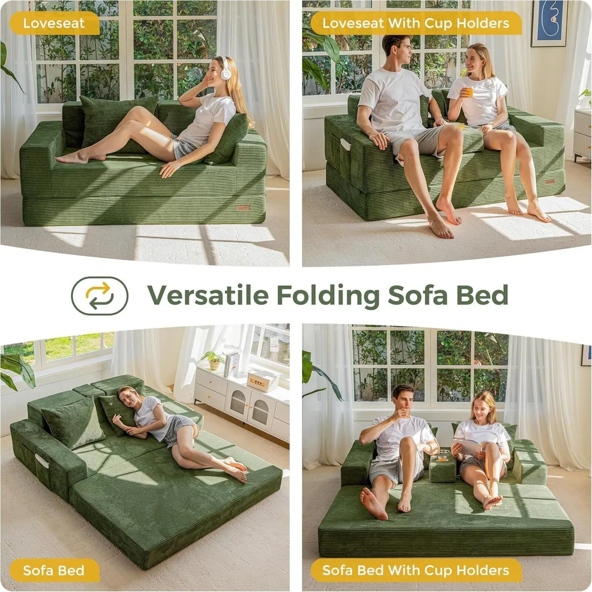 Folding Sofa Bed Corduroy Floor Couch with Cup - Image 3
