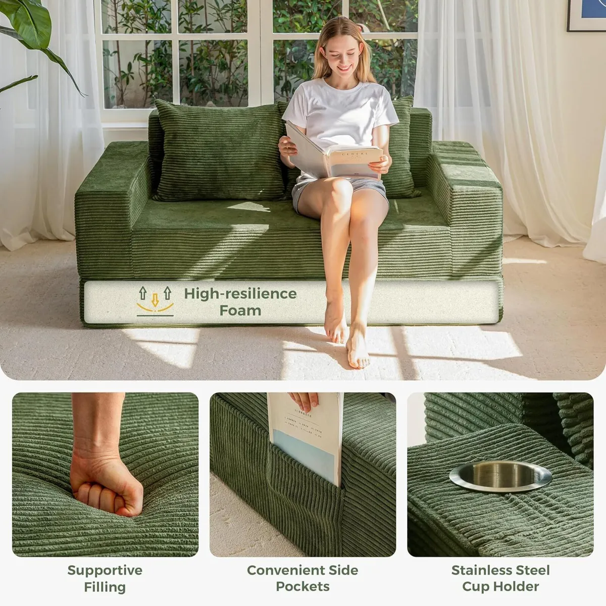 Folding Sofa Bed Corduroy Floor Couch with Cup - Image 4
