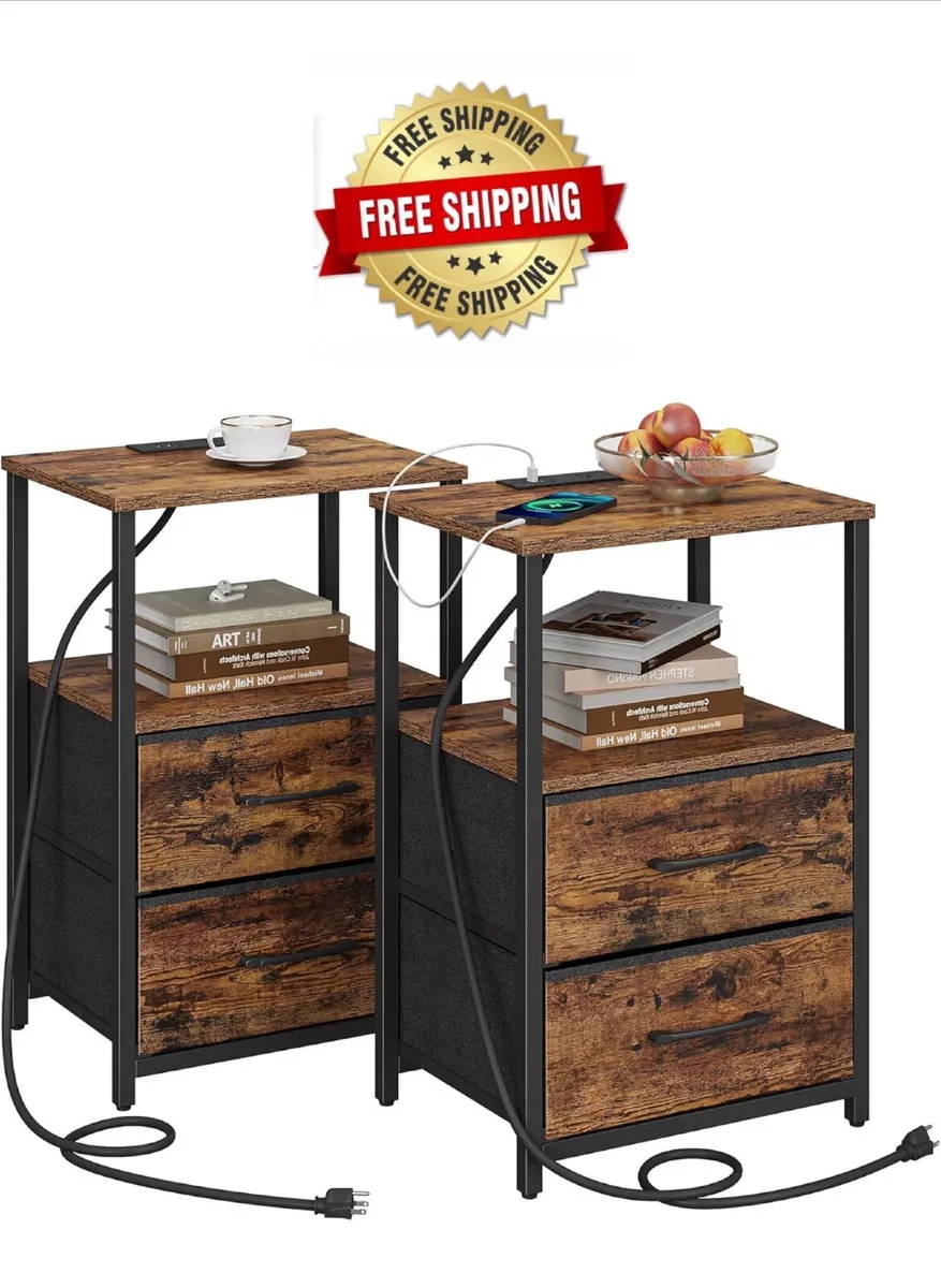 Bedside Table with Charging Station, Side Table wi - Image 1