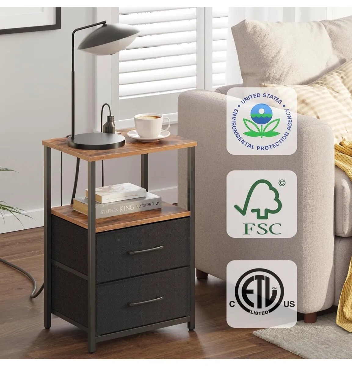 Bedside Table with Charging Station, Side Table wi - Image 4
