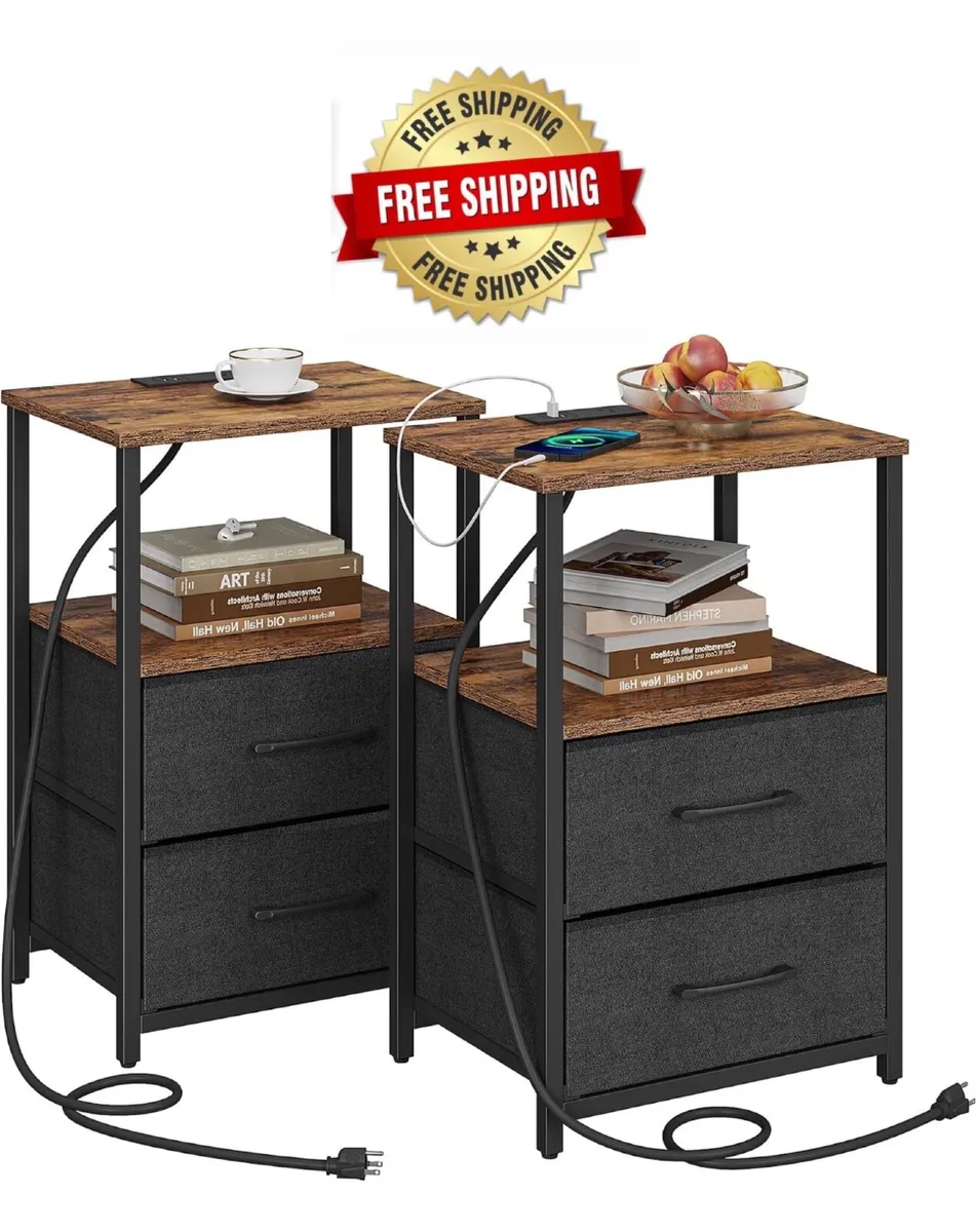 Bedside Table with Charging Station, Side Table wi - Image 1