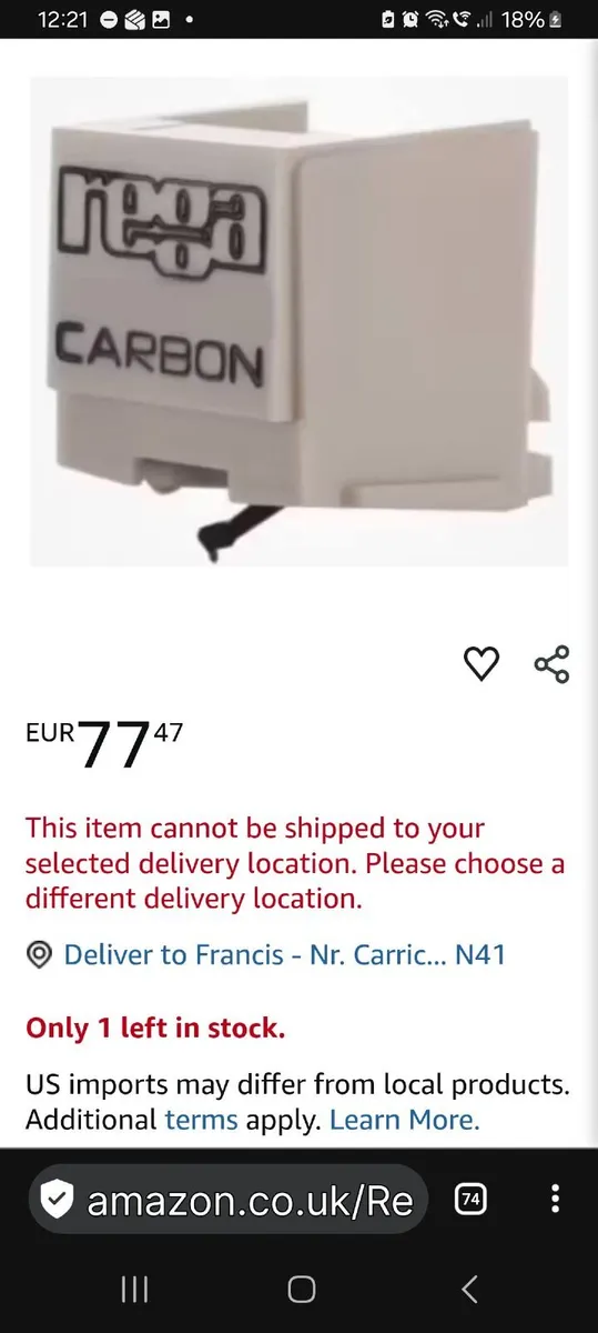 Rega Carbon Cartridge With Diamond Round Needles C - Image 3