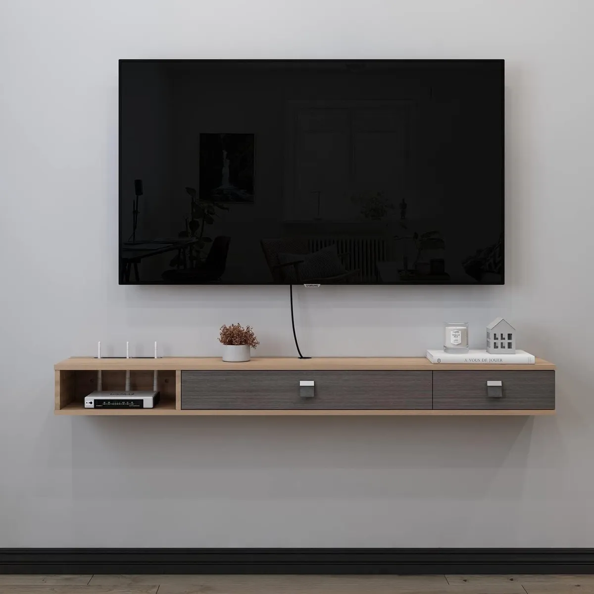Floating TV Unit 55'' Wall Mounted Cabinet Shelves - Image 2