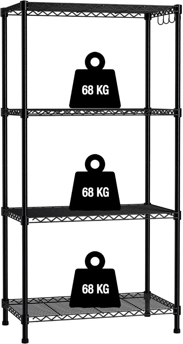 4-Tier Metal Storage Shelving Unit with Hooks - Image 1