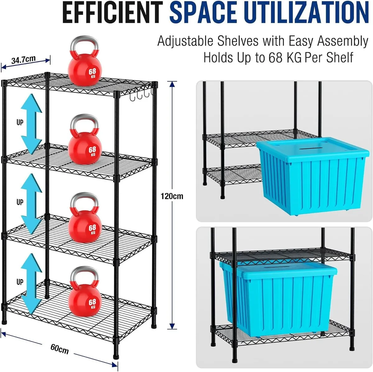 4-Tier Metal Storage Shelving Unit with Hooks - Image 3