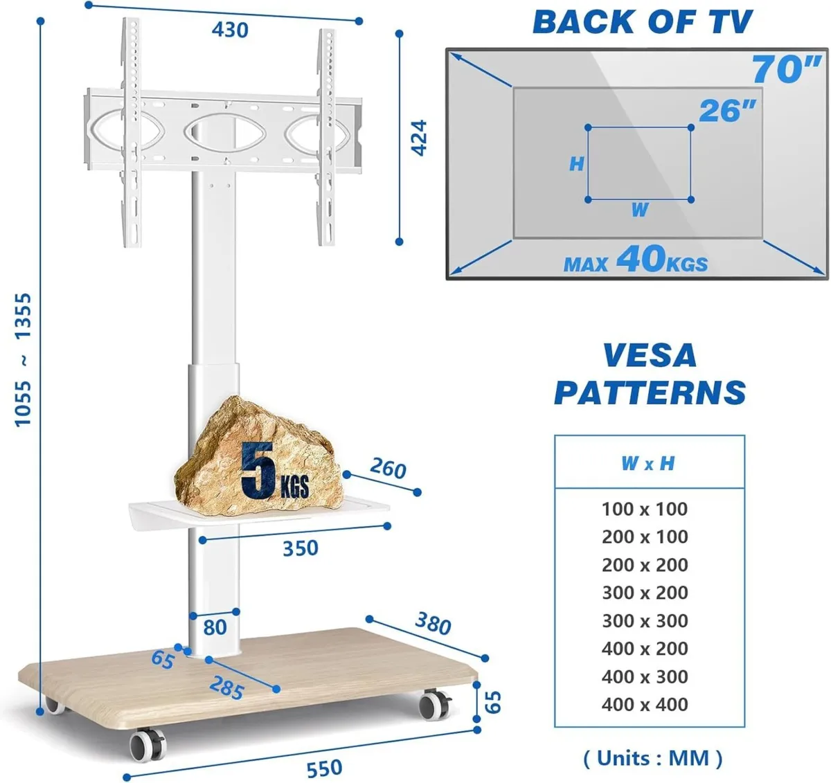 Mobile TV Stand on Wheels for 26-70 Inch - Image 3