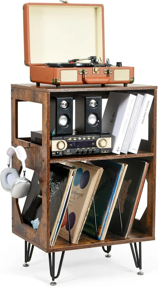 Rustic Record Player Stand End Table with Vinyl - Image 1