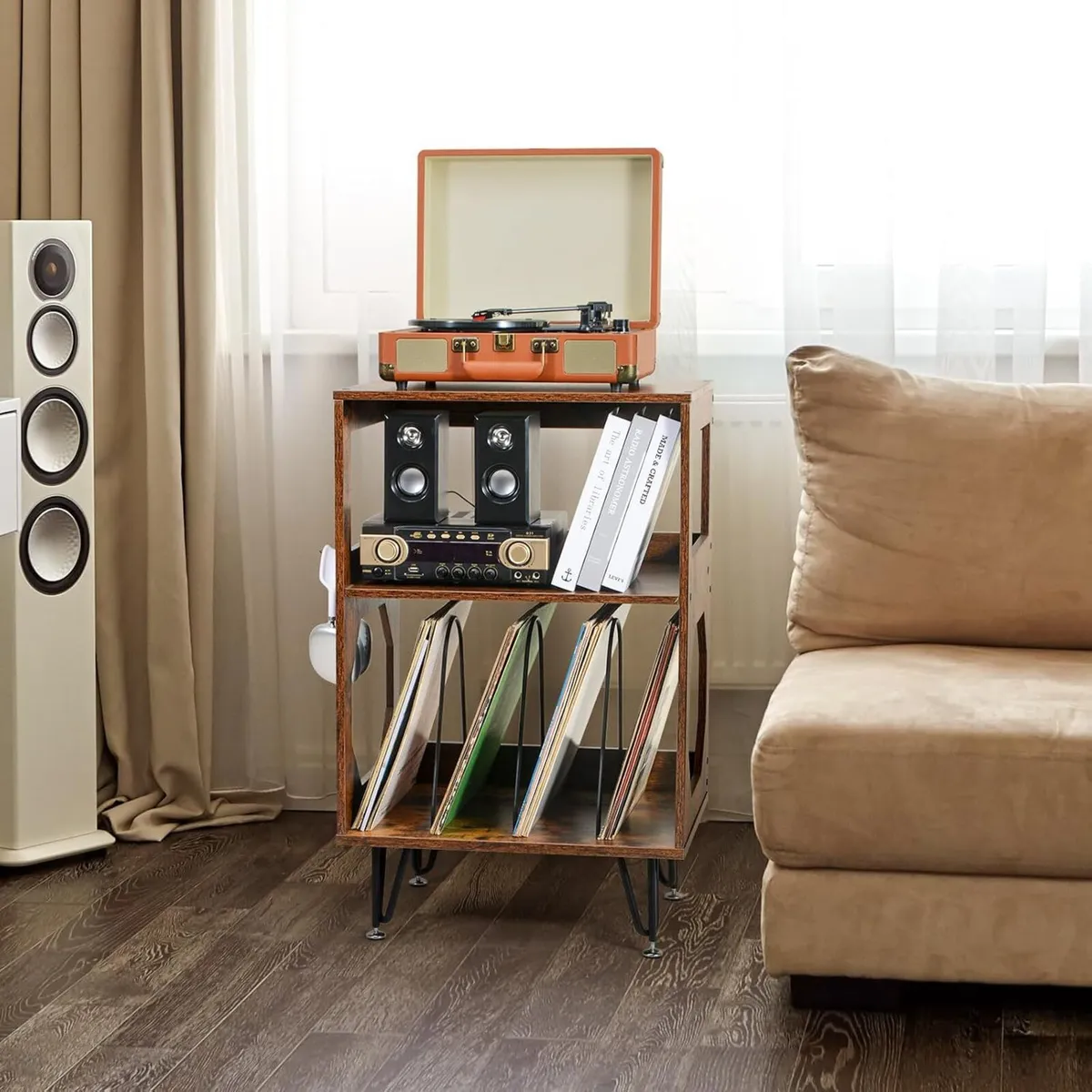 Rustic Record Player Stand End Table with Vinyl - Image 2