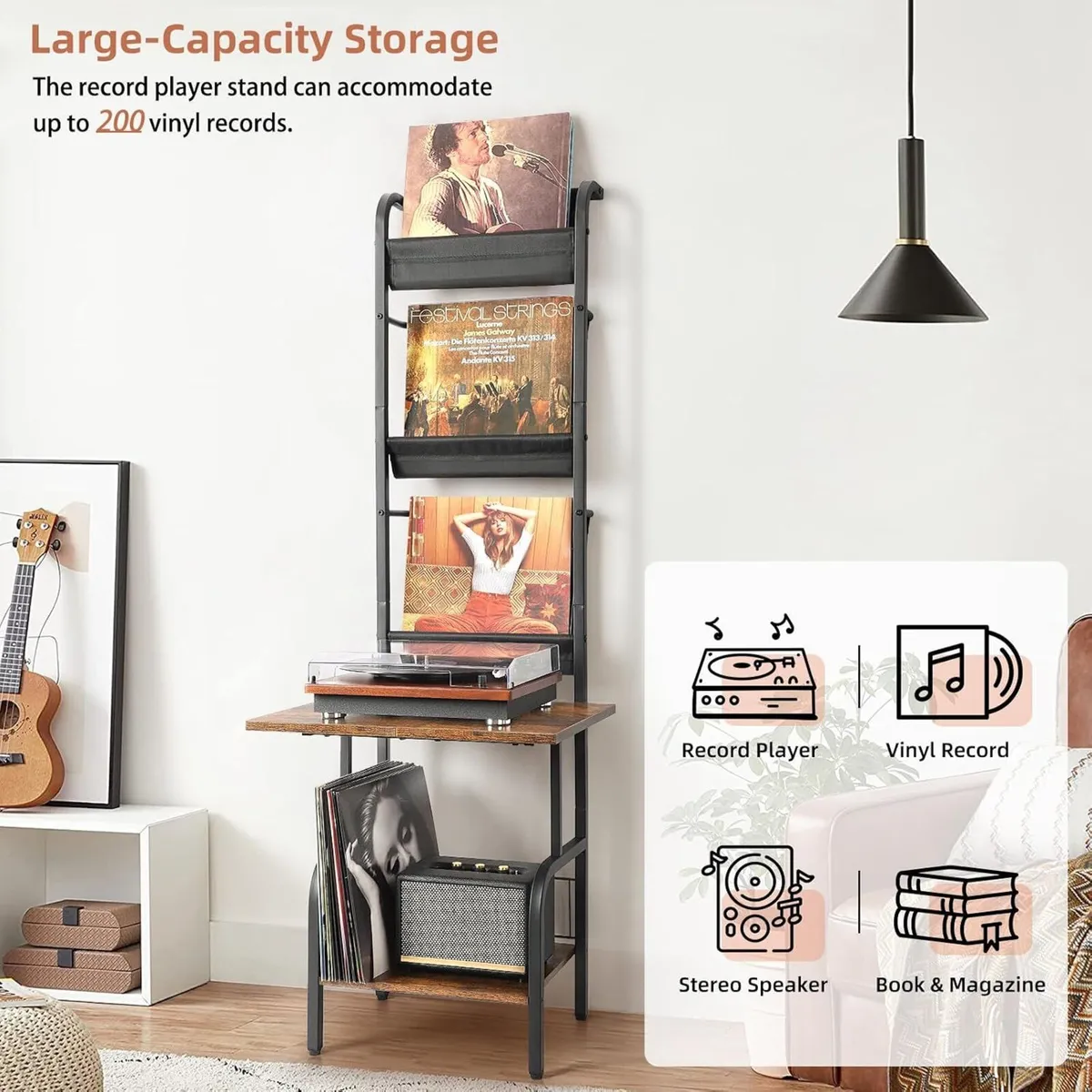 Record Player Stand with Vinyl Storage for 200 - Image 2