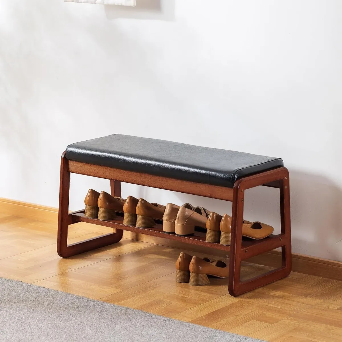 Solid Wood Shoe Bench 2-Tier Wooden Storage - Image 1