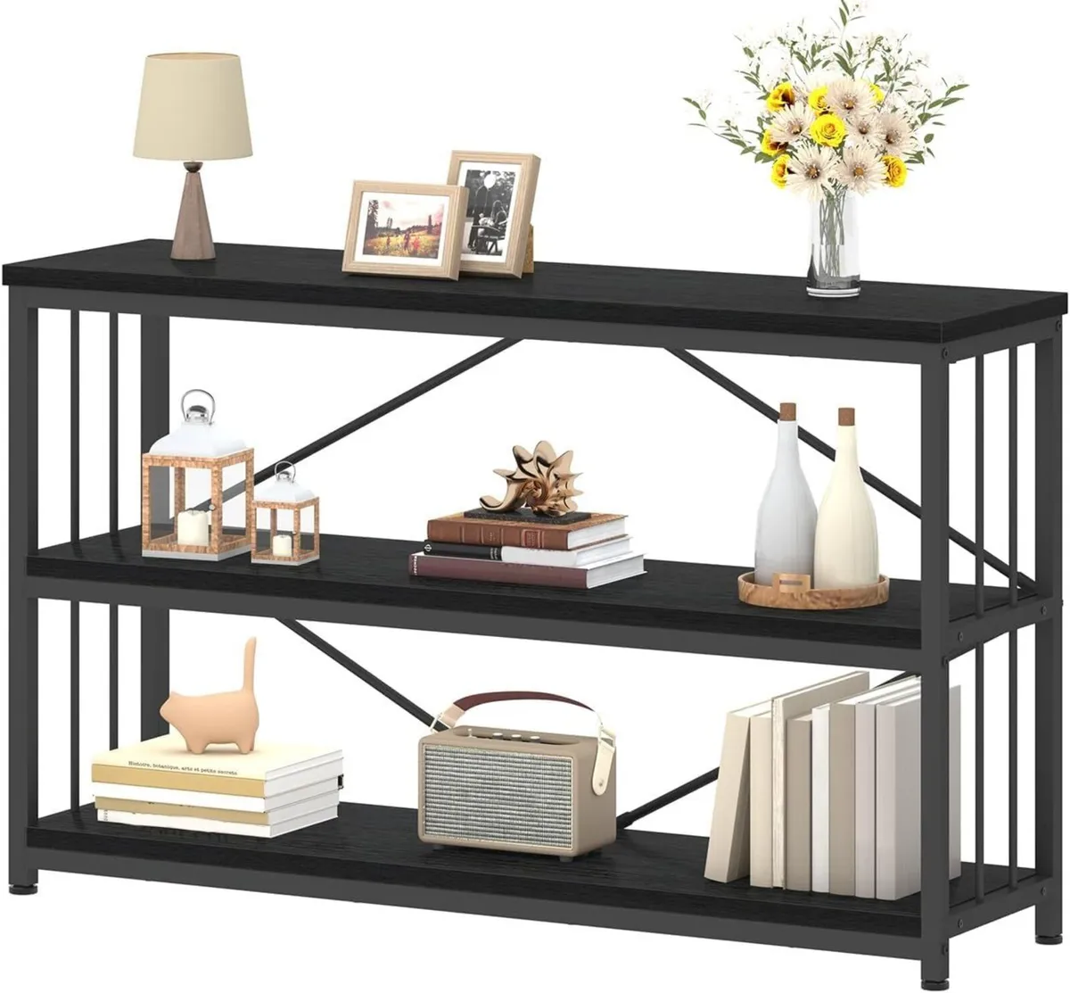 Low Horizontal Book Shelf Industrial Modern 3 Tier - Image 1