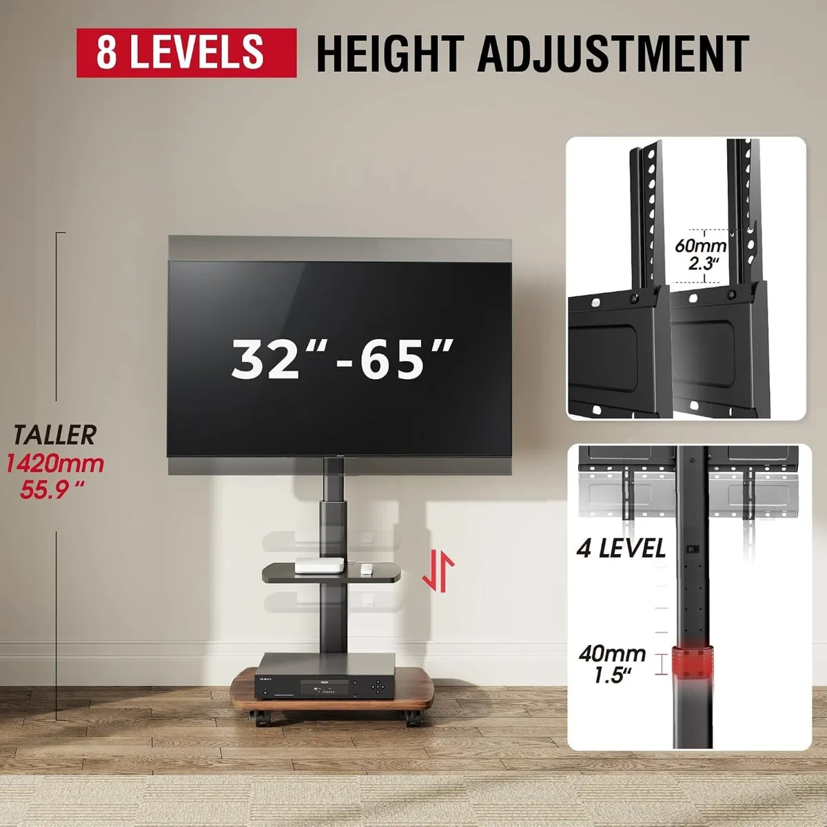 Mobile TV Stand on Wheels with Wooden Base - Image 3