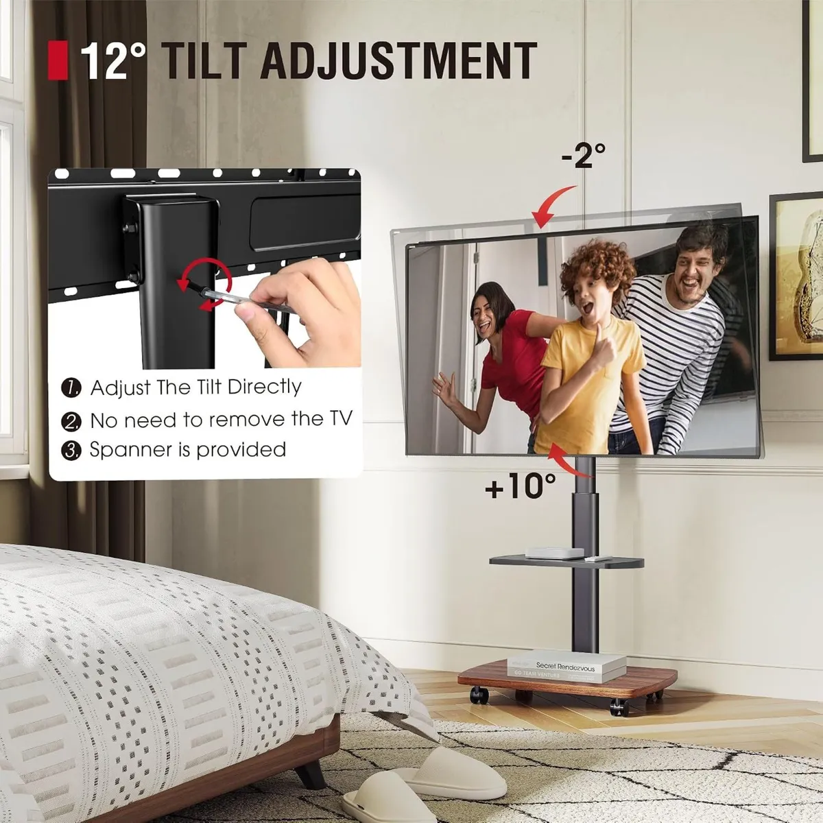 Mobile TV Stand on Wheels with Wooden Base - Image 4