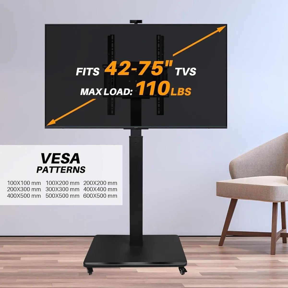 Rolling TV Stand for 42-75" Tvs Hand Crank - Image 4