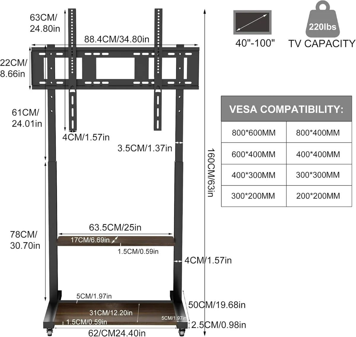 Mobile TV Stand Rolling Trolley with Wheels - Image 2