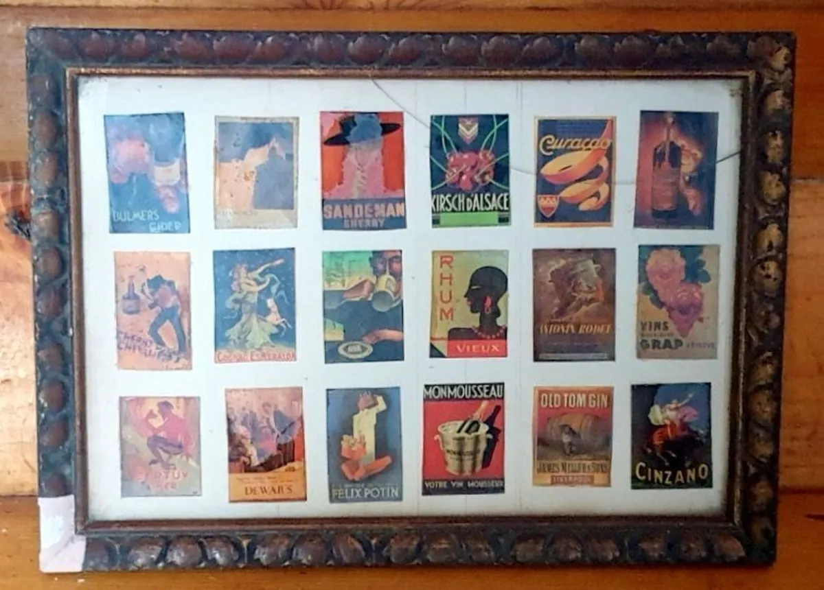 Framed Vintage Alcohol & Beverage Matchbox Labels - Image 1