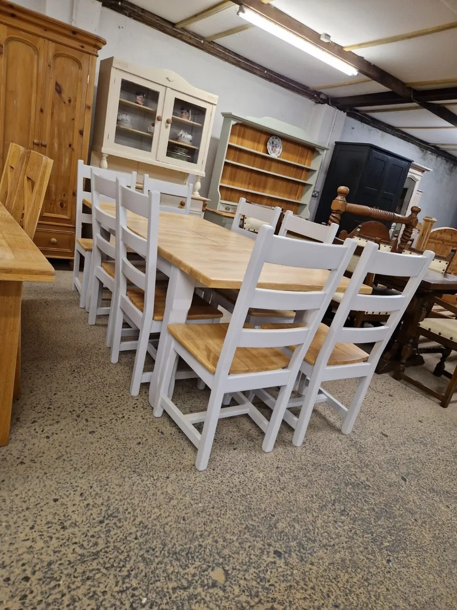 Oak extendable table, 8 oak ladder back chairs - Image 2