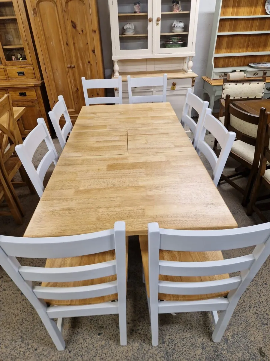Oak extendable table, 8 oak ladder back chairs - Image 4