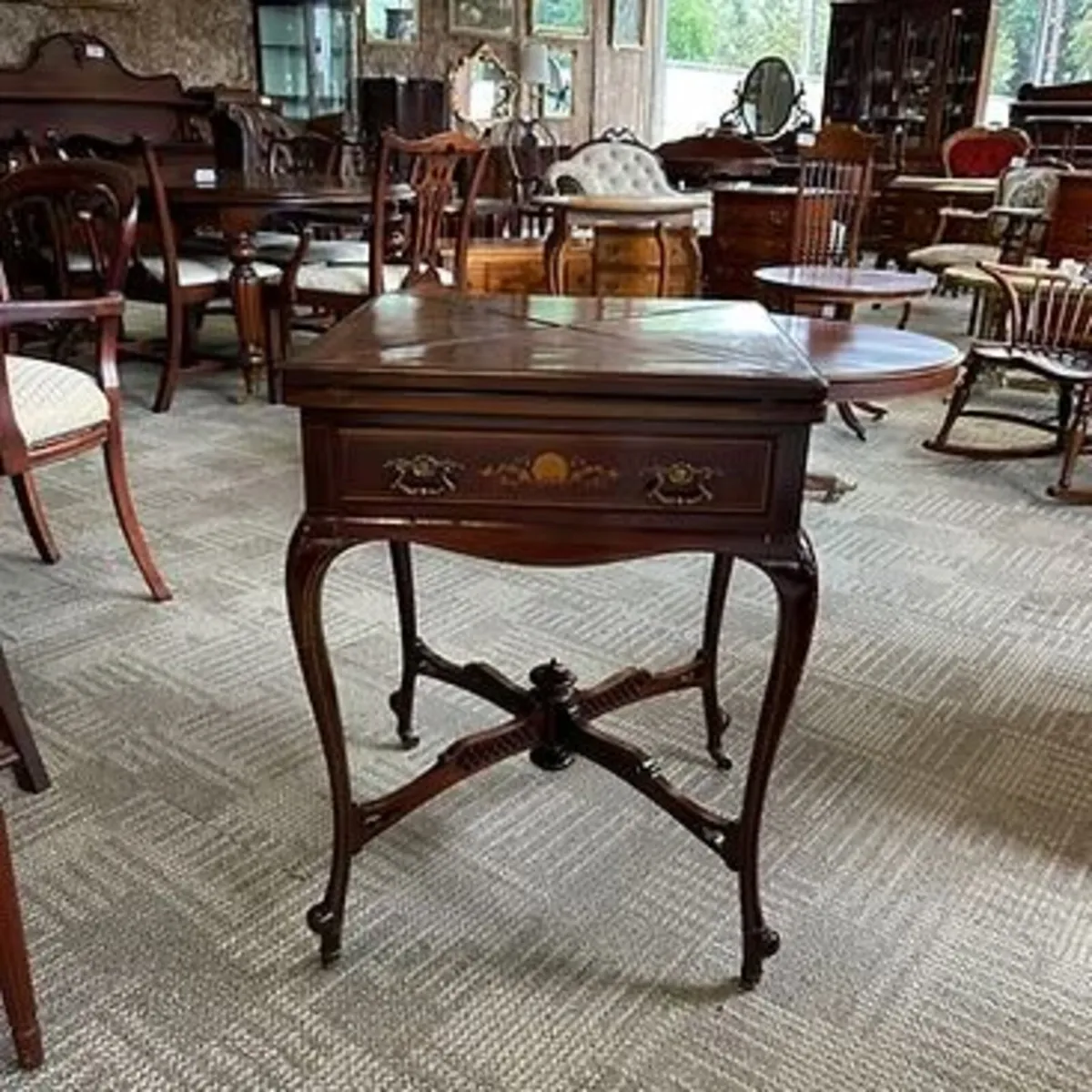 Edwardian  inlaid mahogany games envelope table - Image 1