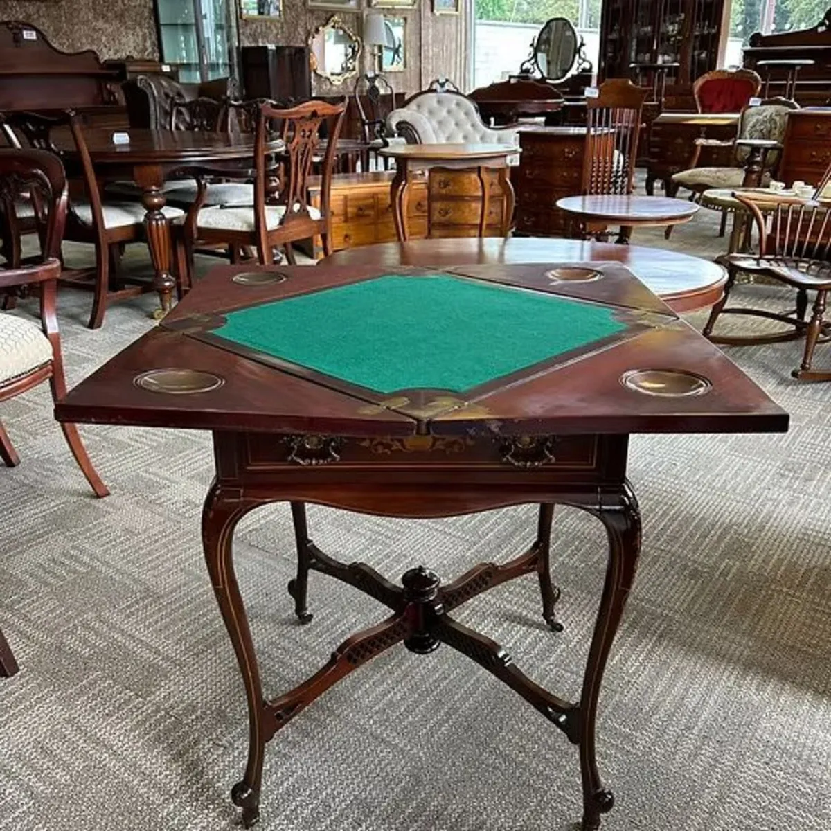 Edwardian  inlaid mahogany games envelope table - Image 2