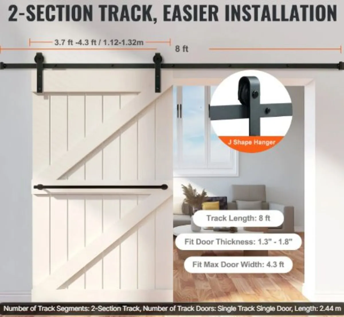 8FT Sliding Barn Door Hardware Kit, 149.7 kg Load - Image 2