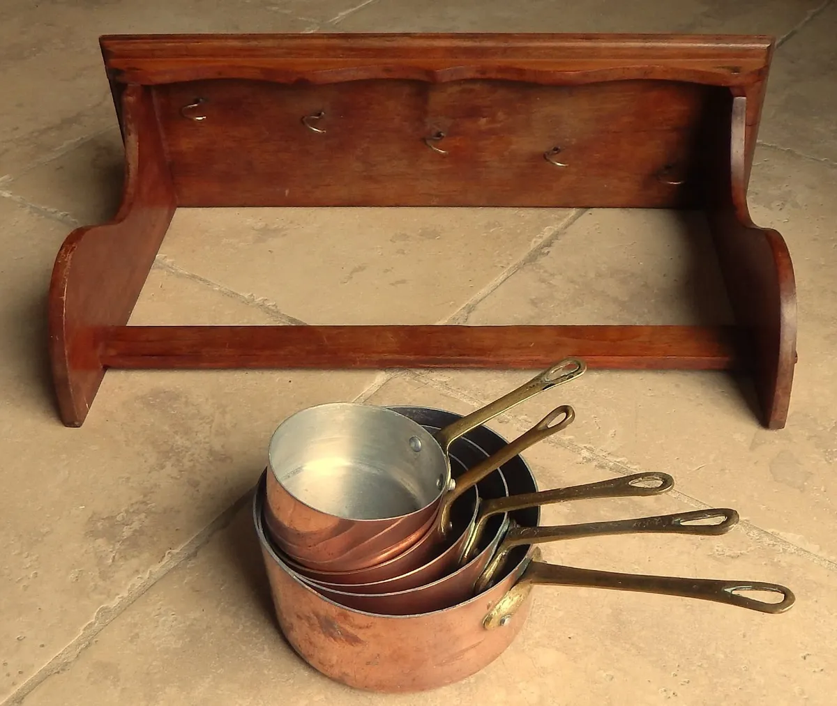 5 Copper Saucepans on Wall Mounted Wood Shelf - Image 4