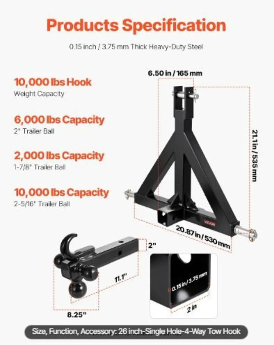 3 Point Trailer Hitch 2 in Receiver - Image 1