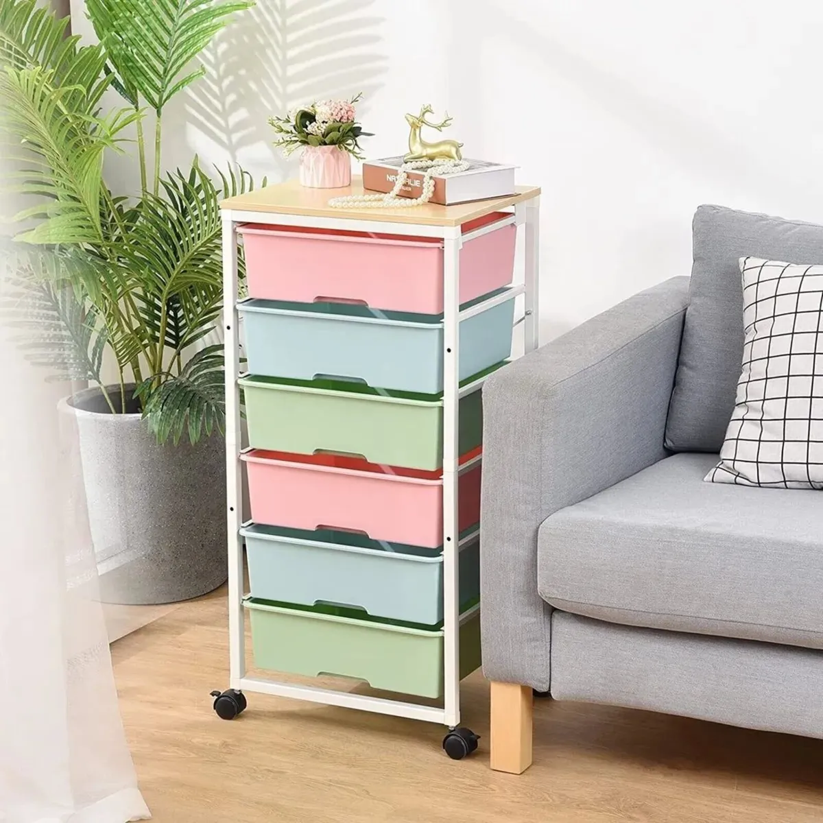 6 Drawer Rolling Storage Cart with Wood Top - Image 4