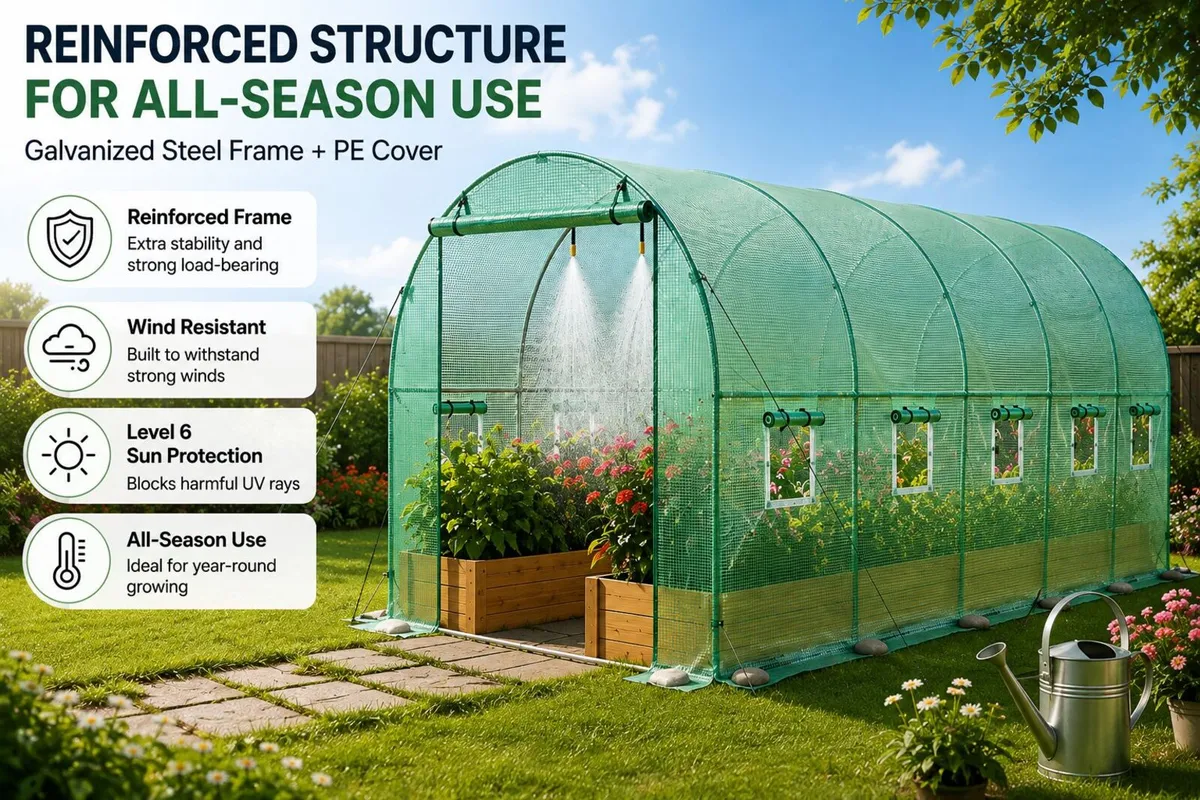 15ft x 7ft Walk-In Polytunnel Greenhouse with Buil - Image 2