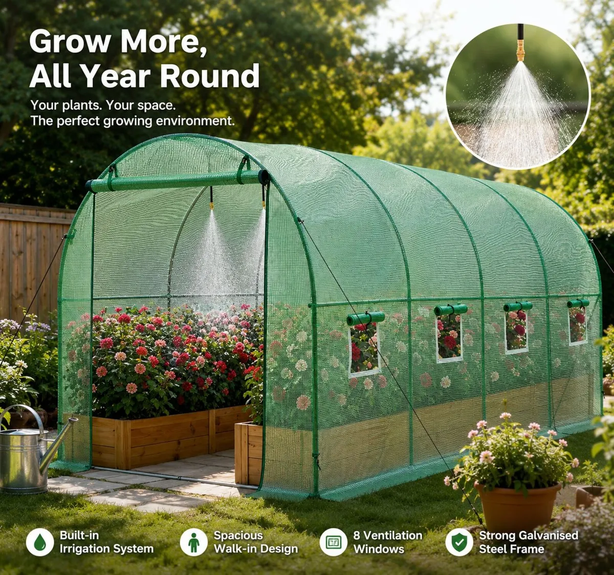 15ft x 7ft Walk-In Polytunnel Greenhouse with Buil - Image 1