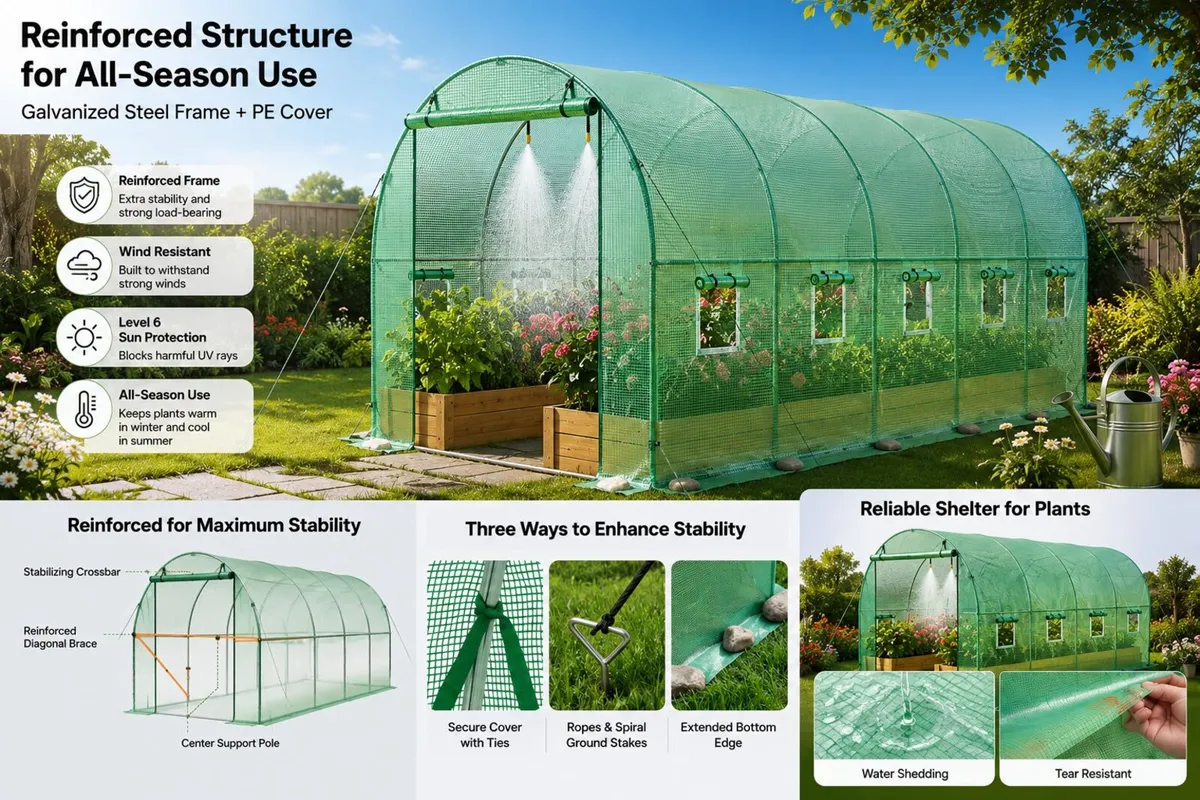 15ft x 7ft Walk-In Polytunnel Greenhouse with Buil - Image 3