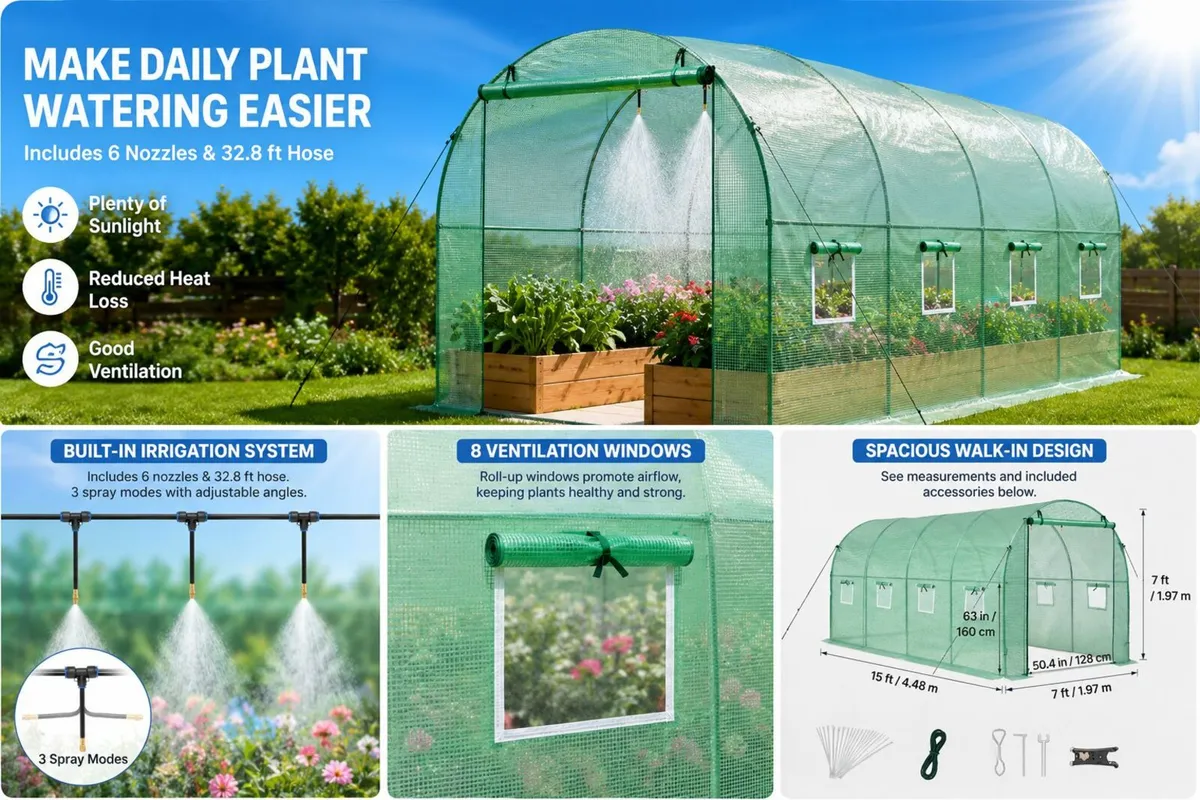 15ft x 7ft Walk-In Polytunnel Greenhouse with Buil - Image 4