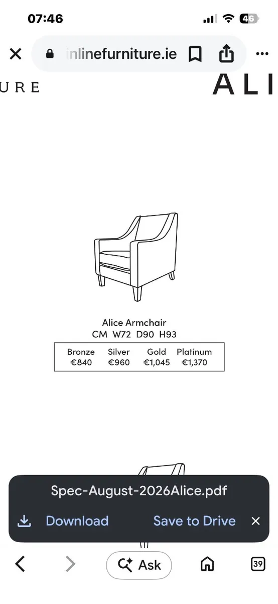 Armchair: Finline Alice Chair – Gold Range B - Image 2