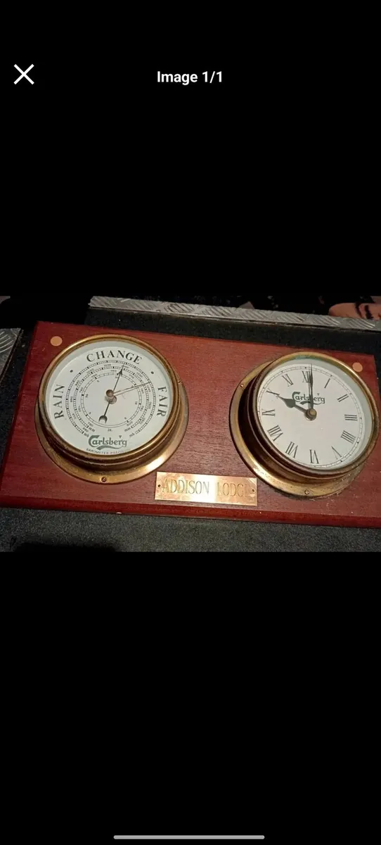 Brass Carlsberg clock and barometer