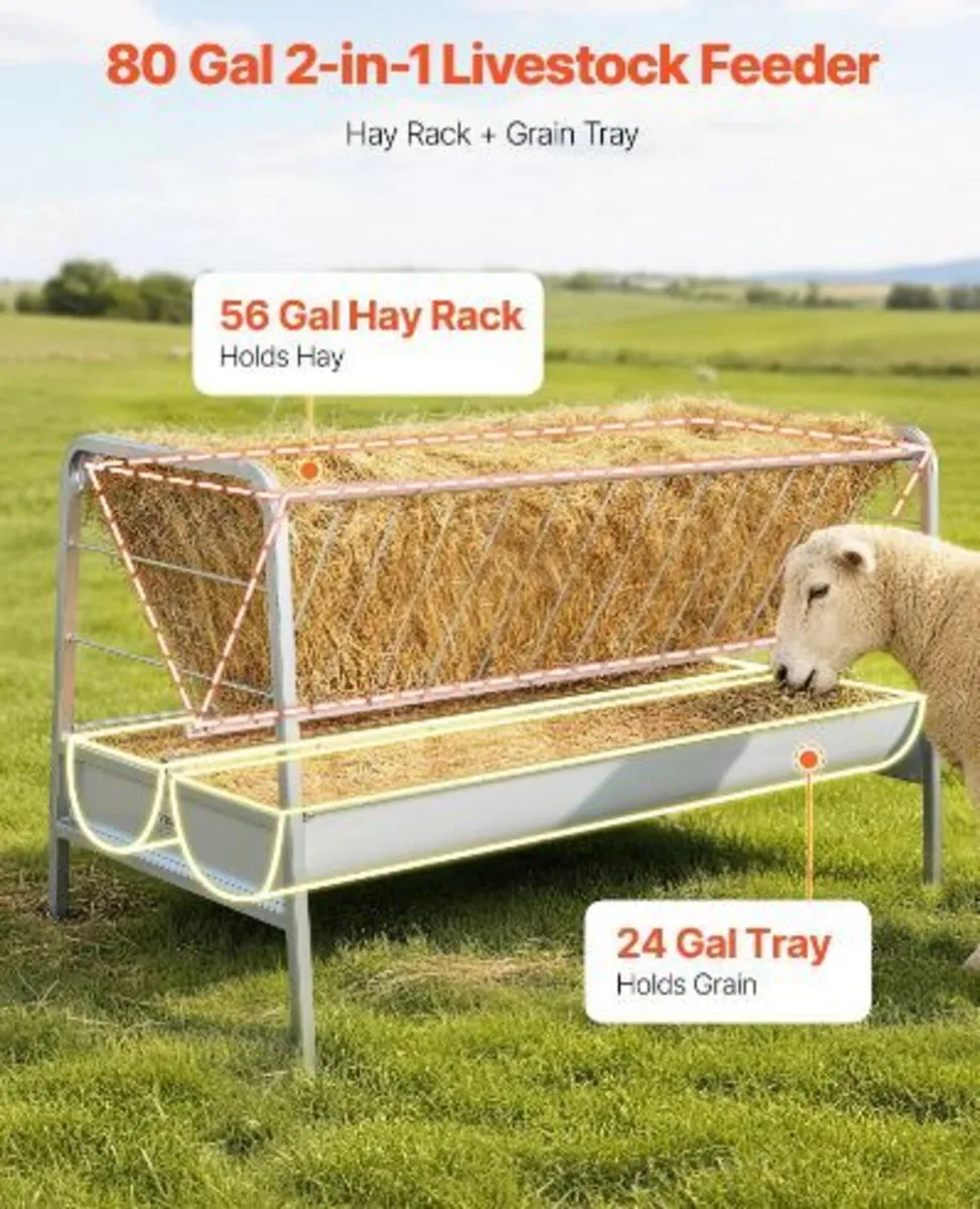 Livestock Hay Feeder, 2 in 1 Grain & Hay Feeder - Image 2