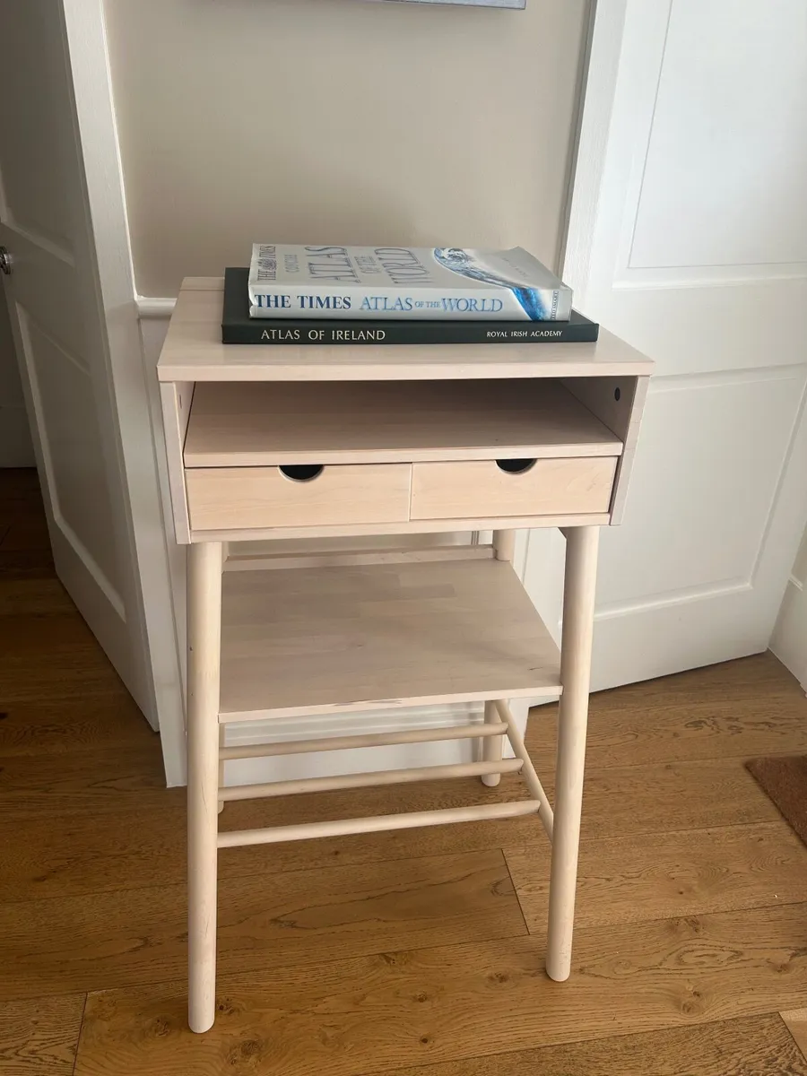 Wooden standing desk, two drawers two shelves - Image 1