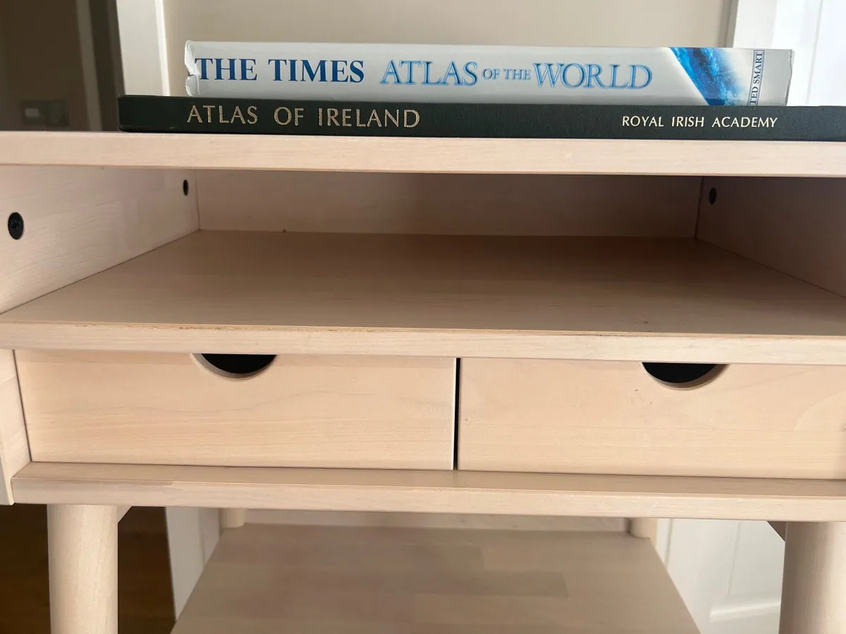 Wooden standing desk, two drawers two shelves - Image 4