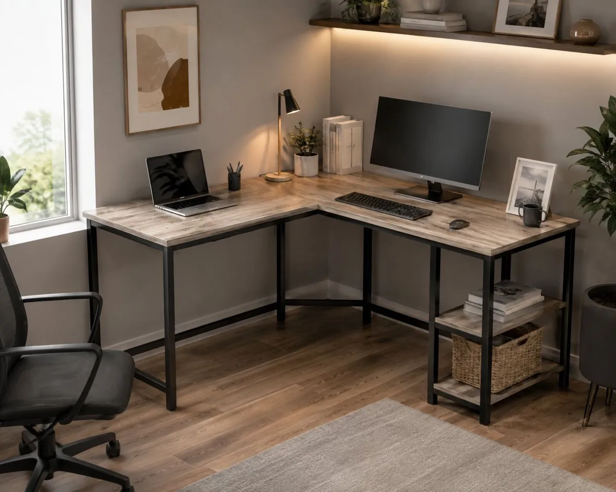 L-Shaped Corner Computer Desk with Storage Shelves - Image 1