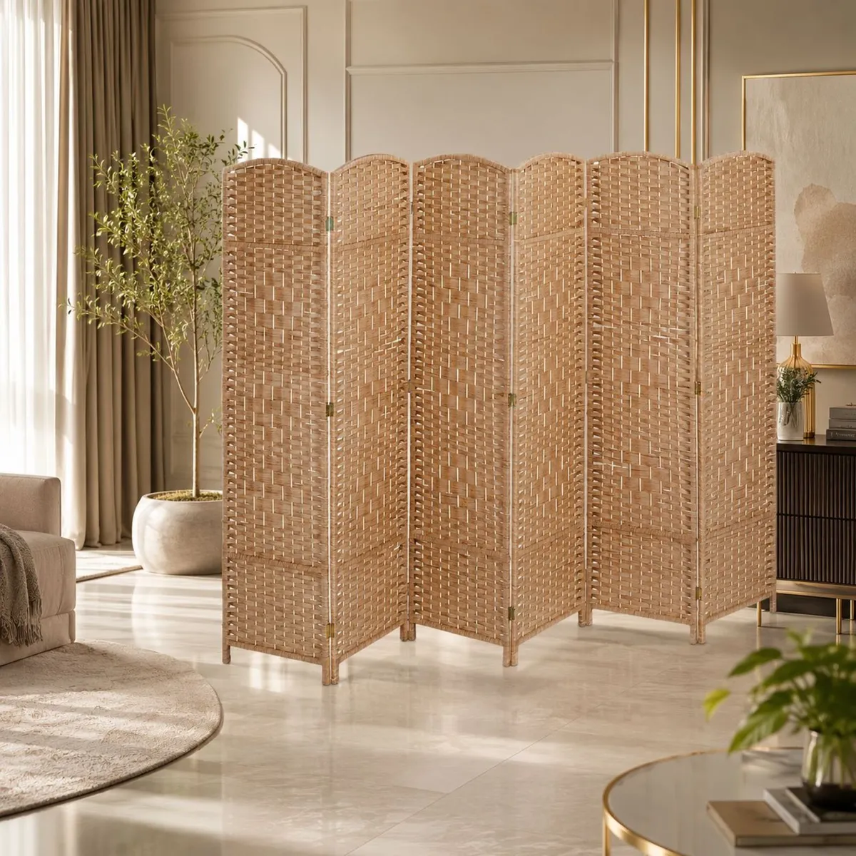 6 Panel Folding Room Divider Natural Woven Privacy - Image 2