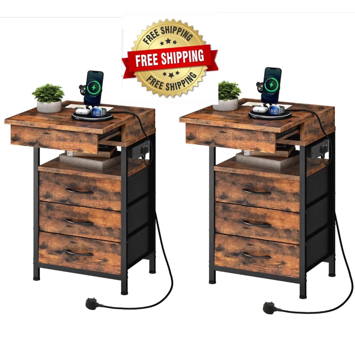 Bedside Table with Charging Station, Side Table wi - Image 1