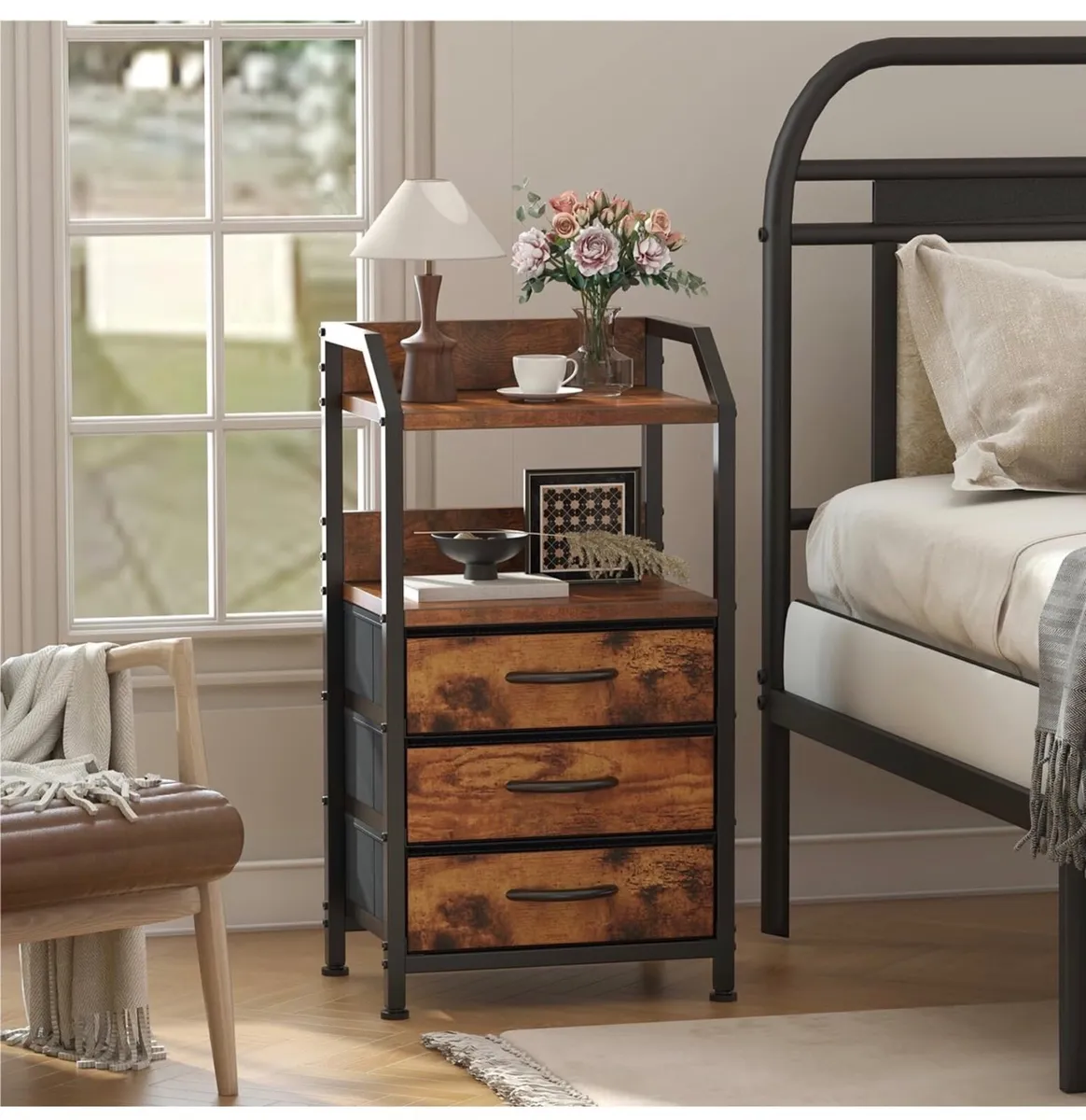 Bedside Table with 3 Fabric Drawers & Open Shelf, - Image 2